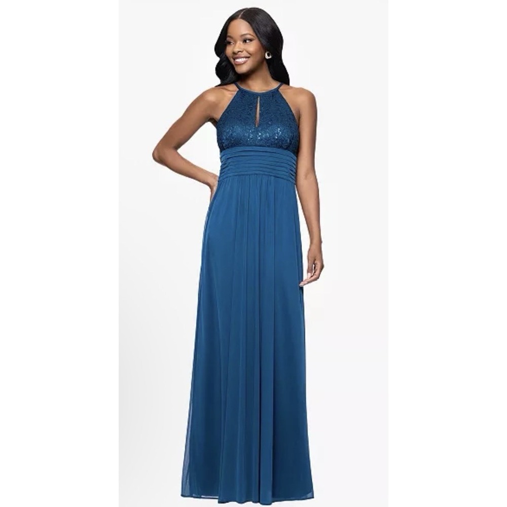 Betsy and Adam halter gown Size 18W Keyhole Blue Pleated Waist